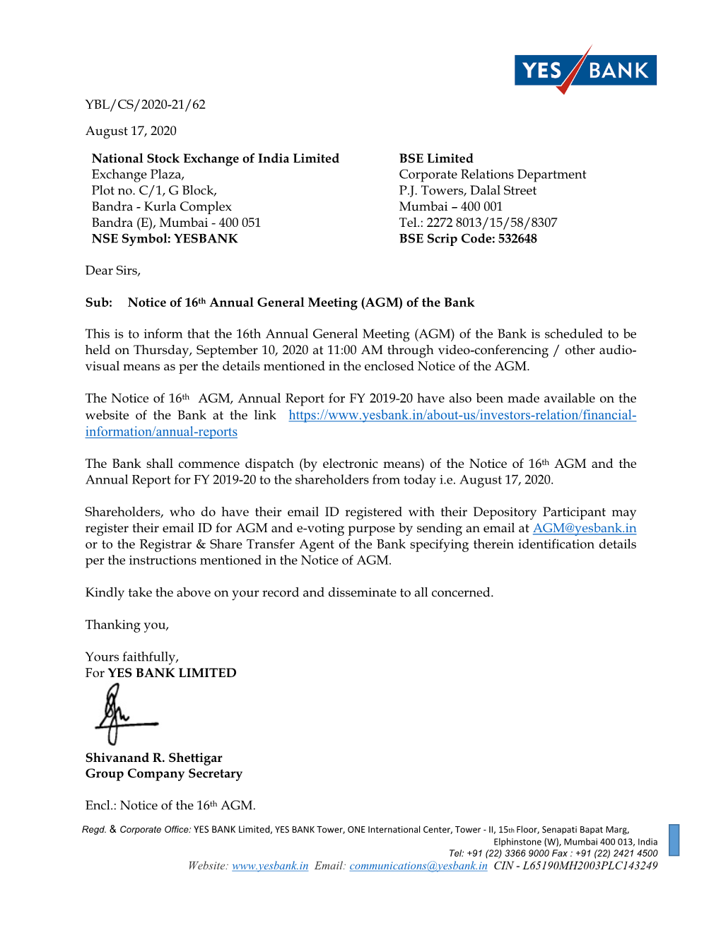 Notice of 16Th Annual General Meeting (AGM) of the Bank