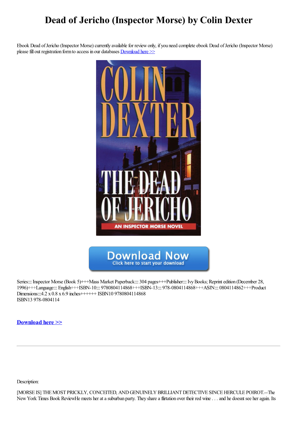 Download Dead of Jericho (Inspector Morse) by Colin Dexter