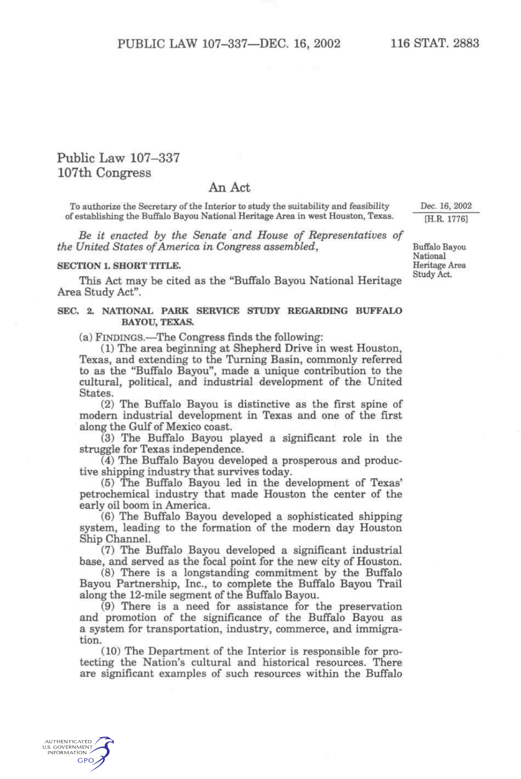 Public Law 107-337 107Th Congress an Act to Authorize the Secretary of the Interior to Study the Suitability and Feasibility Dec