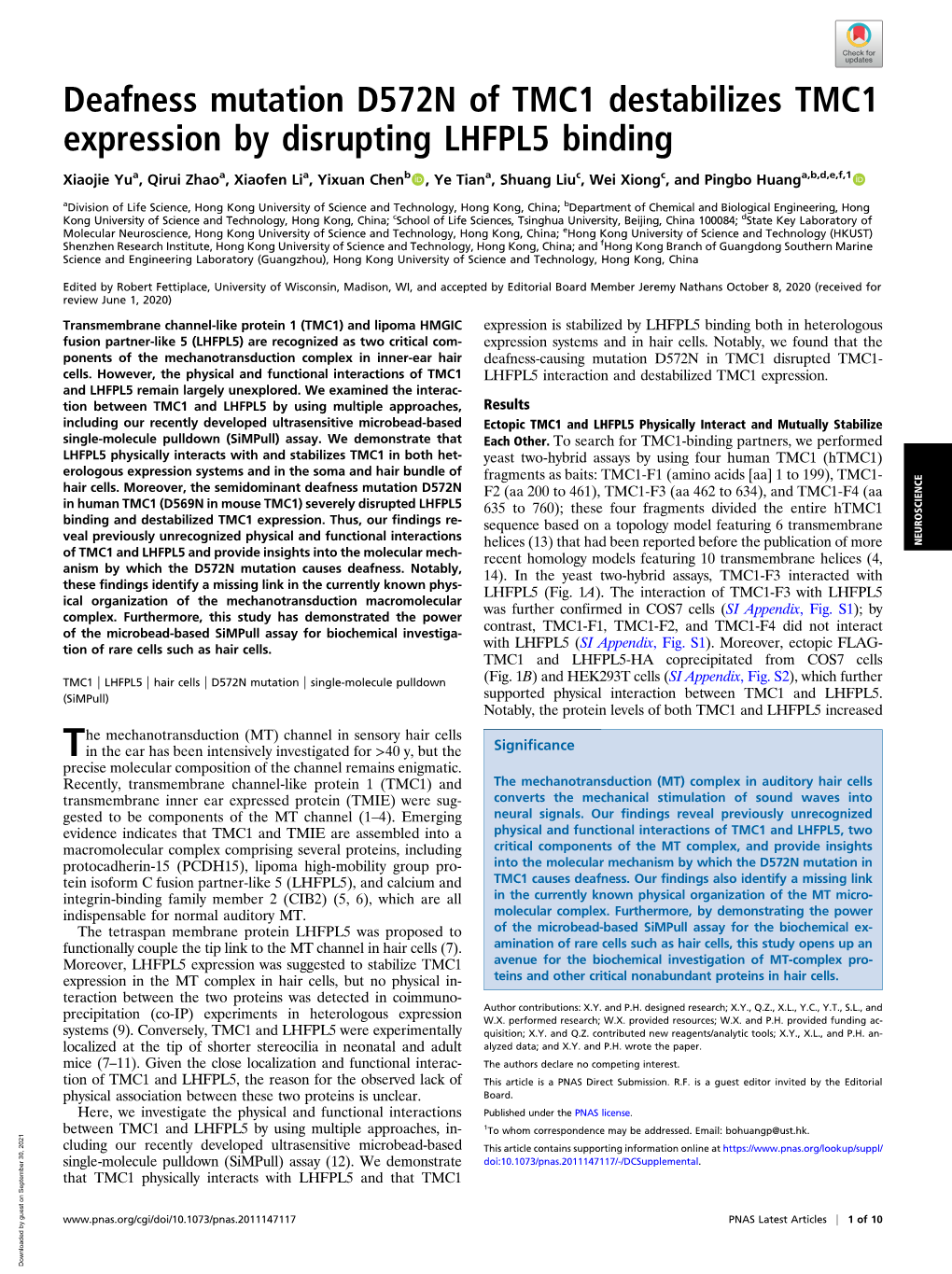 Deafness Mutation D572N of TMC1 Destabilizes TMC1 Expression by Disrupting LHFPL5 Binding