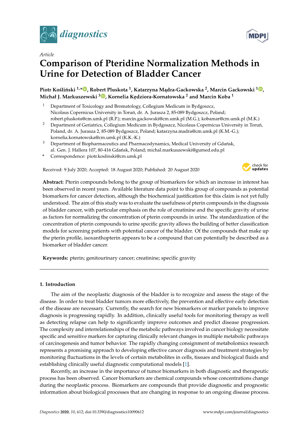 Comparison of Pteridine Normalization Methods in Urine for Detection of Bladder Cancer