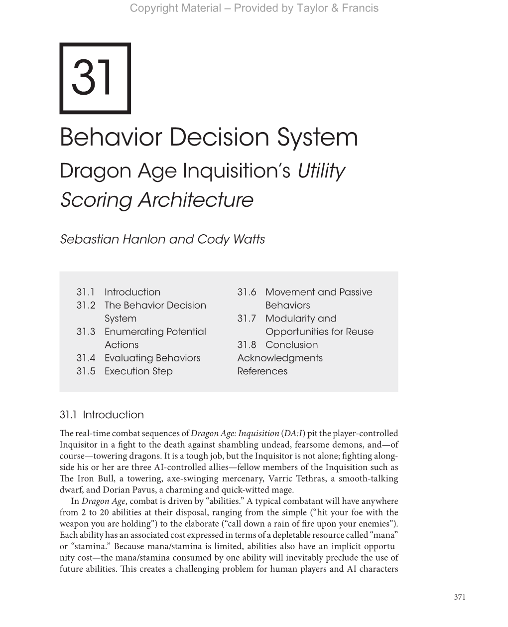 Behavior Decision System: Dragon Age Inquisition's Utility Scoring