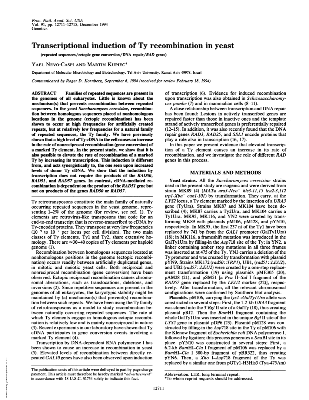 Transcriptional Induction of Ty Recombination in Yeast