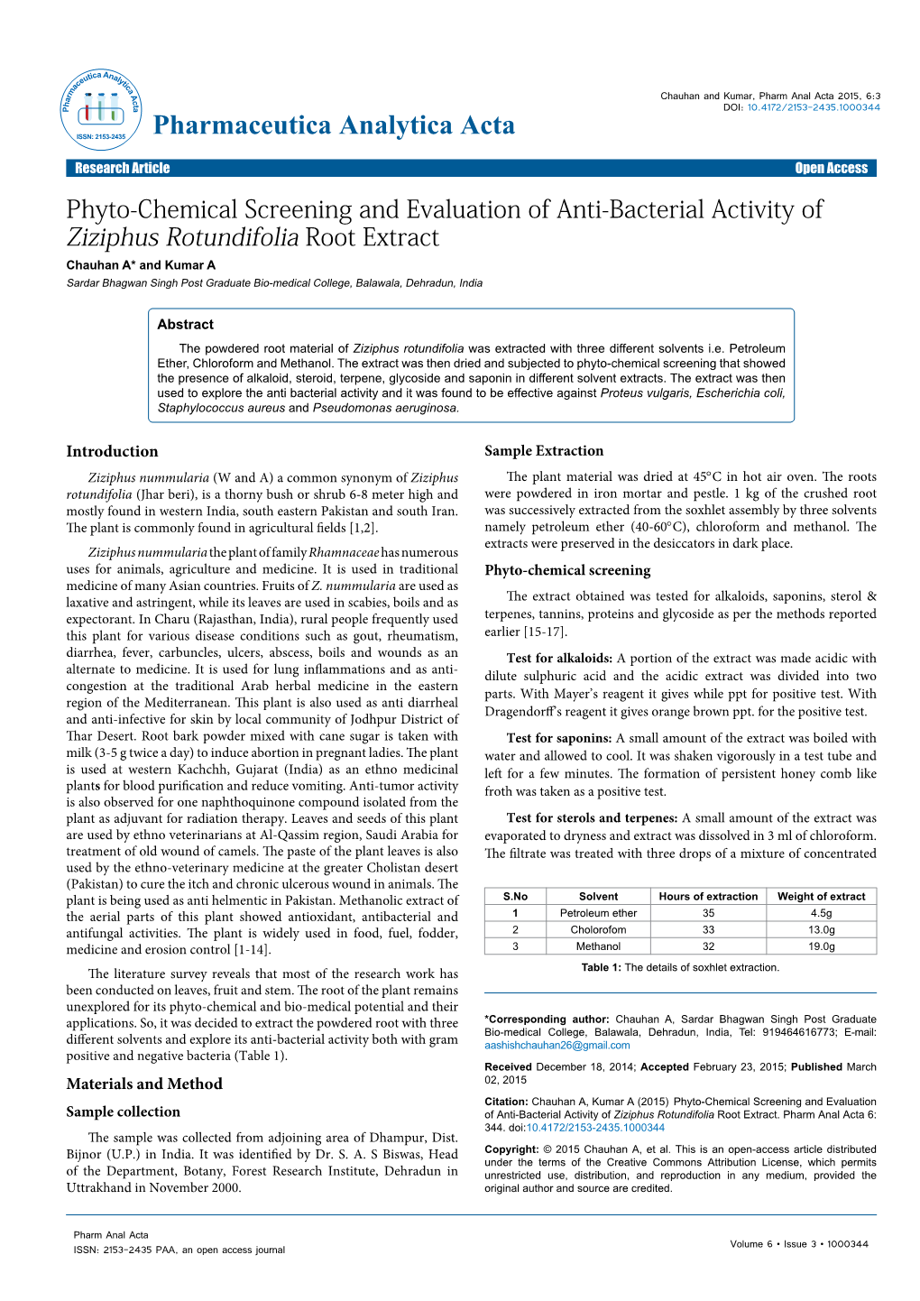 Phyto-Chemical Screening and Evaluation of Anti-Bacterial Activity