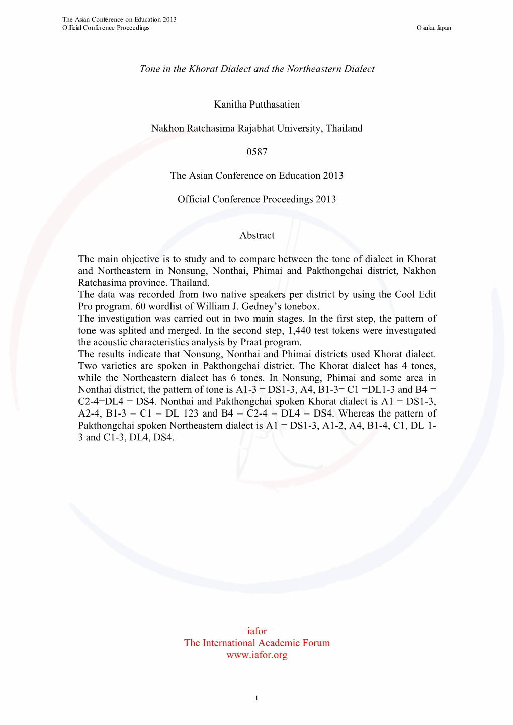 Tone in the Khorat Dialect and the Northeastern Dialect Kanitha