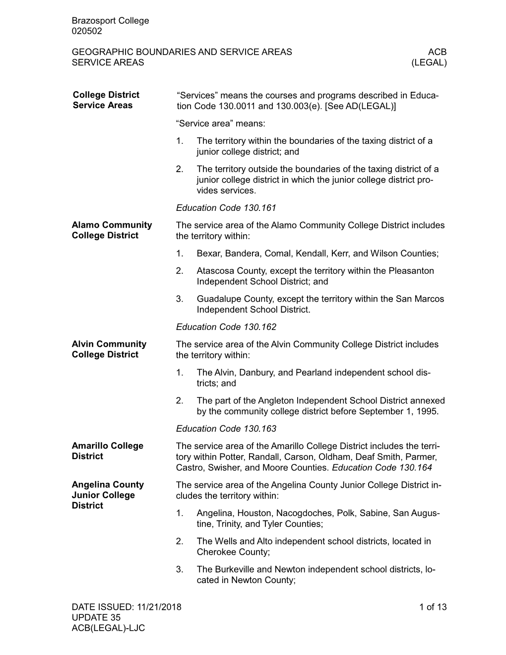 Geographic Boundaries and Service Areas Acb Service Areas (Legal)