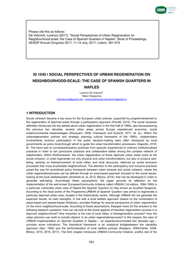Id 1545 | Social Perspectives of Urban Regeneration on Neighbourhood-Scale: the Case of Spanish Quarters in Naples