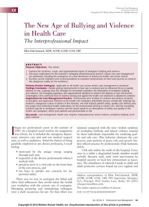 The New Age of Bullying and Violence in Health Care the Interprofessional Impact