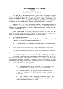 MINISTRY of EXTERNAL AFFAIRS ORDER New Delhi, the 4 November, 2011 S.O. 2505 (E).- WHEREAS the Security Council of the United Na