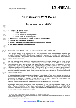 First Quarter 2020 Sales