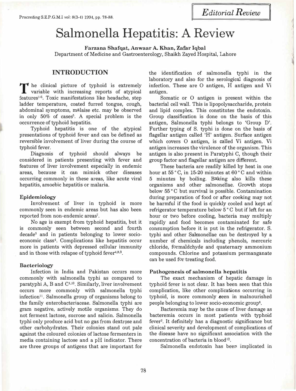 Salmonella Hepatitis: a Review Farzana Shafqat, Anwaar A