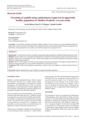 Screening of Syphilis Using Rapid Plasma Reagin Test in Apparently Healthy Population in Madhya Pradesh: a 6 Years Study