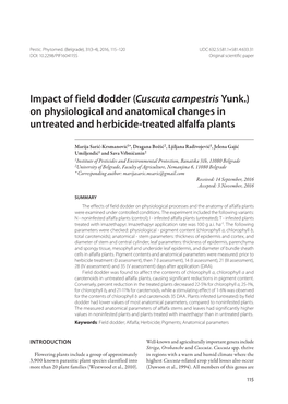 Impact of Field Dodder (Cuscuta Campestris Yunk.) on Physiological and Anatomical Changes in Untreated and Herbicide-Treated Alfalfa Plants