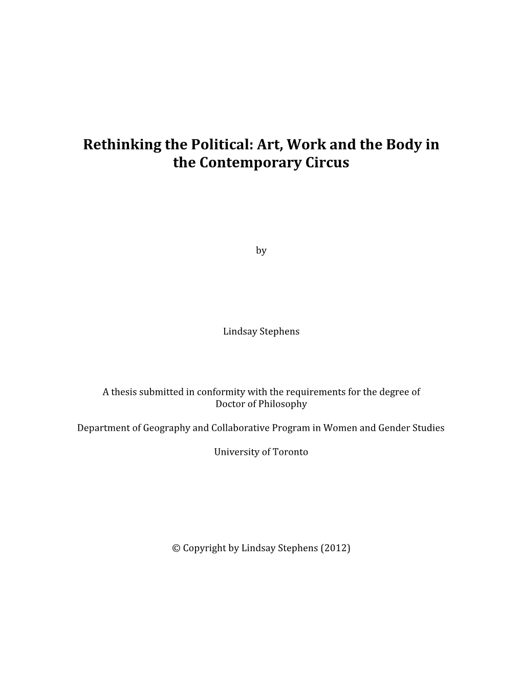 Rethinking the Political: Art, Work and the Body in the Contemporary Circus