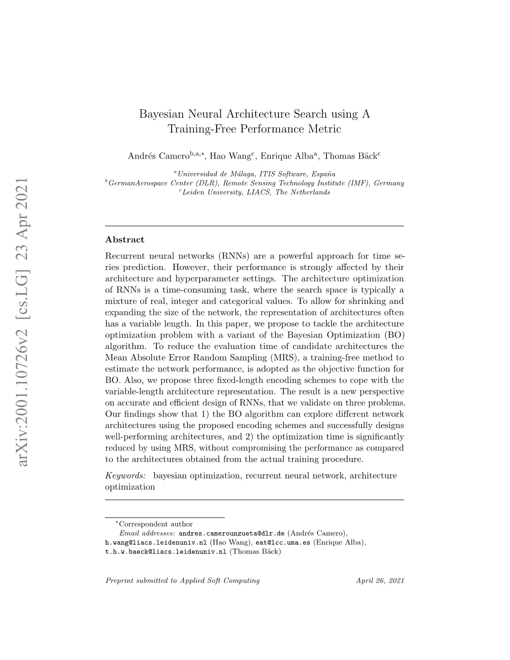 Bayesian Neural Architecture Search Using a Training-Free Performance Metric