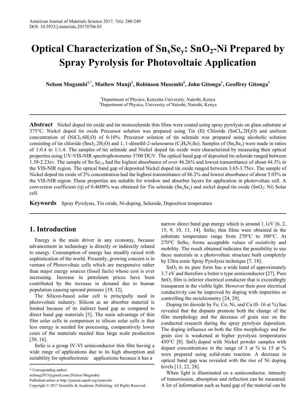 Spray Pyrolysis, Tin Oxide, Ni-Doping, Selenide, Deposition Temperature