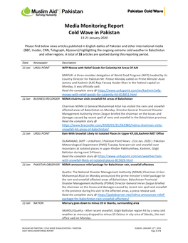 Media Monitoring Report Cold Wave in Pakistan 13-21 January 2020