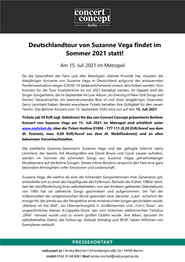 Deutschlandtour Von Suzanne Vega Findet Im Sommer 2021 Statt!