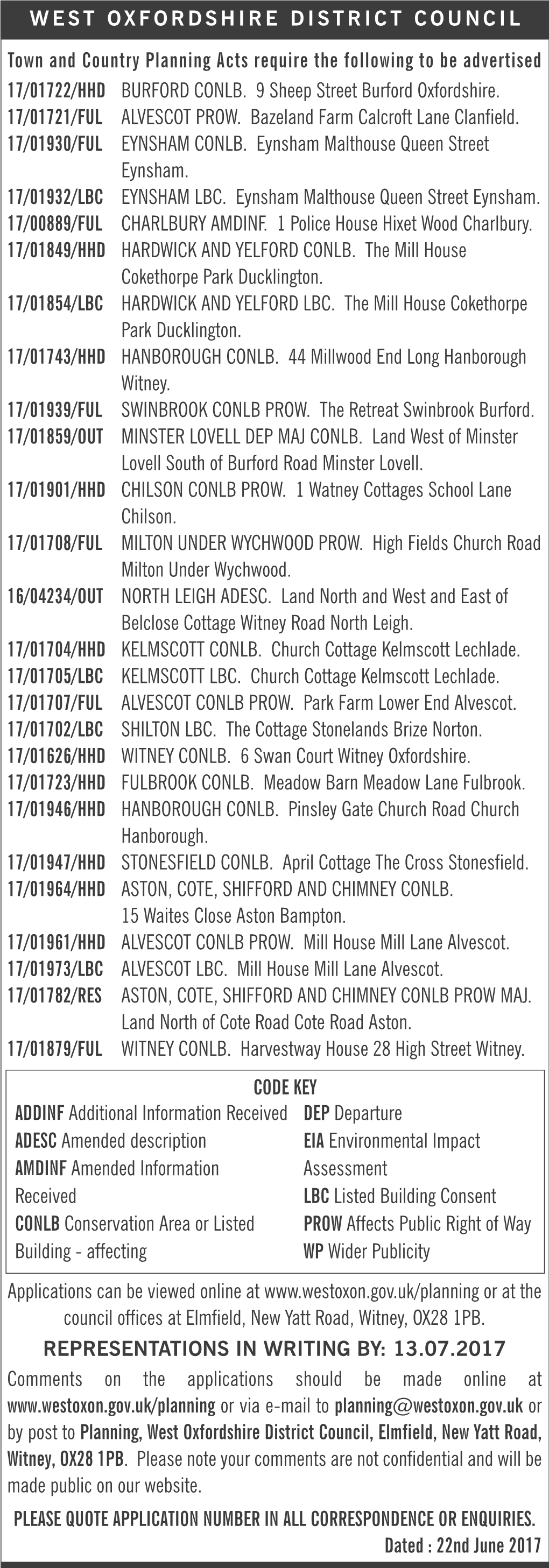 Town and Country Planning Acts Require the Following to Be Advertised 17/01722/HHD BURFORD CONLB