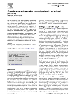 Gonadotropin-Releasing Hormone Signaling in Behavioral Plasticity Hans a Hofmann