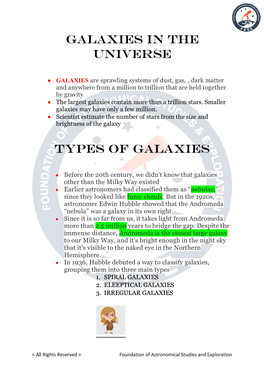 GALAXIES in the UNIVERSE Types of Galaxies