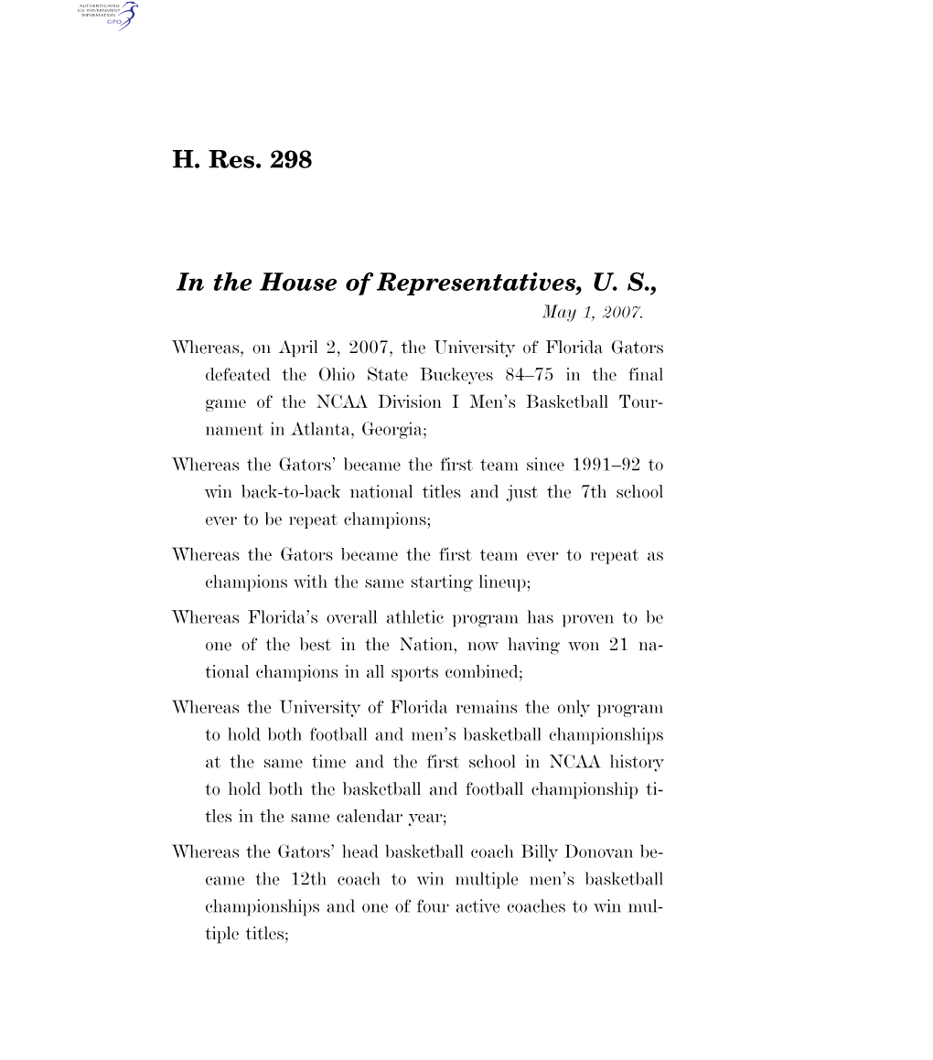 H. Res. 298 in the House of Representatives, U