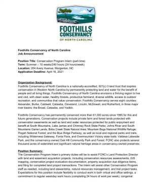 Foothills Conservancy of North Carolina Job Announcement