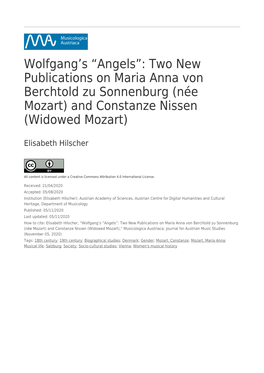 Wolfgang's “Angels”: Two New Publications on Maria Anna Von Berchtold Zu Sonnenburg (Née Mozart) and Constanze Nissen