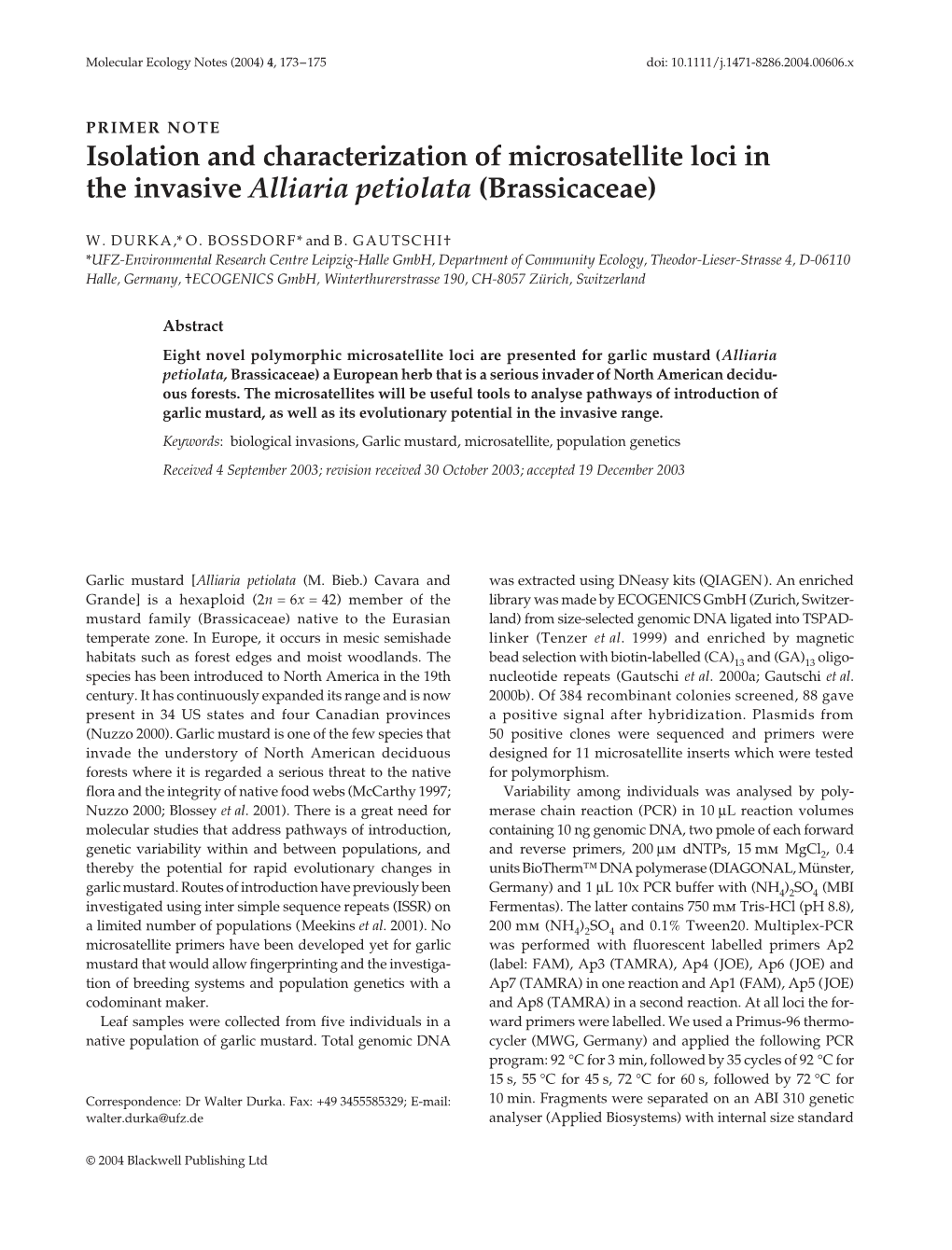 Isolation and Characterization of Microsatellite Loci in the Invasive Alliaria Petiolata (Brassicaceae)