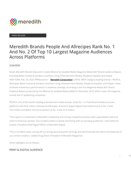 Meredith Brands People and Allrecipes Rank No. 1 and No. 2 of Top 10 Largest Magazine Audiences Across Platforms