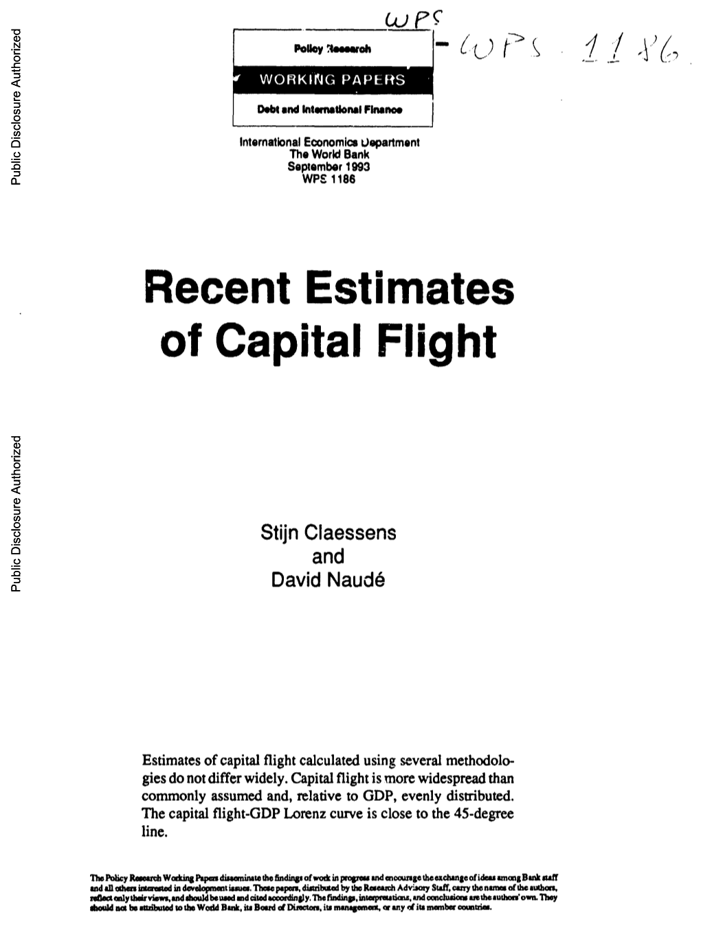 Recent Estimates of Capital Flight Public Disclosure Authorized