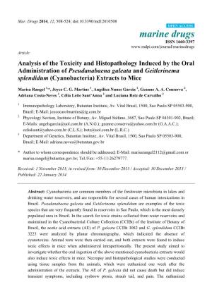 Analysis of the Toxicity and Histopathology Induced by the Oral Administration of Pseudanabaena Galeata and Geitlerinema Splendidum (Cyanobacteria) Extracts to Mice