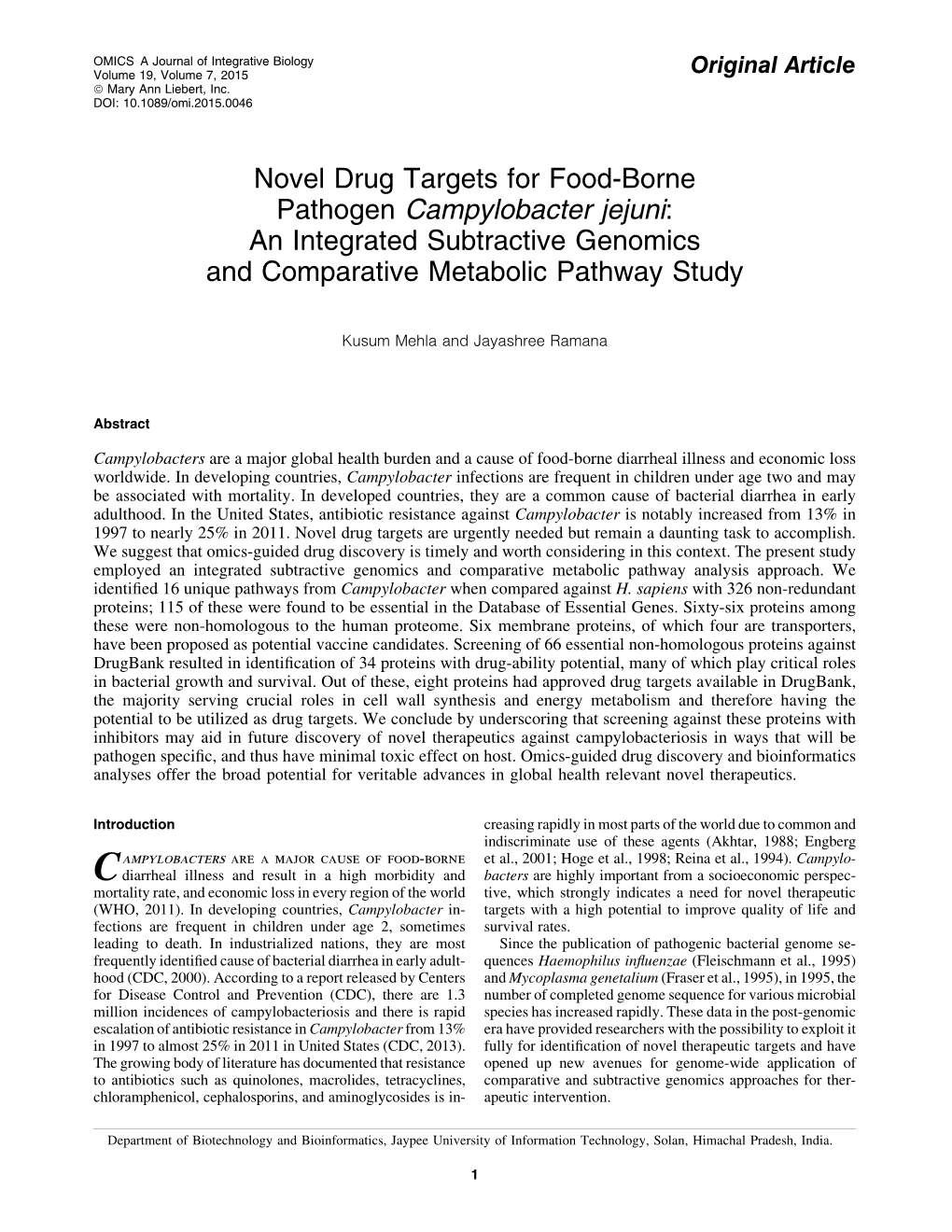 Novel Drug Targets for Food-Borne Pathogen Campylobacter Jejuni: an Integrated Subtractive Genomics and Comparative Metabolic Pathway Study