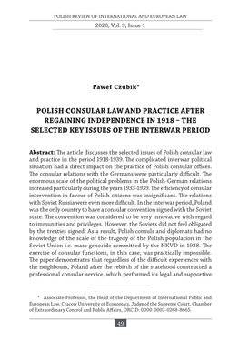 Polish Consular Law and Practice After Regaining Independence in 1918 – the Selected Key Issues of the Interwar Period
