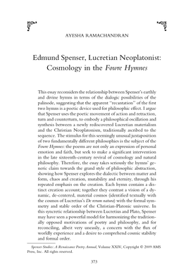 Edmund Spenser, Lucretian Neoplatonist: Cosmology in the Fowre Hymnes