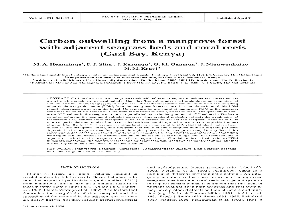 Carbon Outwelling from a Mangrove Forest with Adjacent Seagrass Beds and Coral Reefs (Gazi Bay, Kenya)