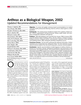 Anthrax As a Biological Weapon, 2002 Updated Recommendations for Management
