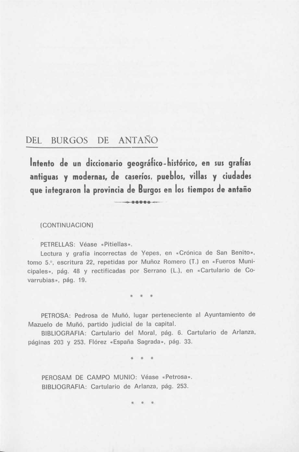 DEL BURGOS DE ANTAÑO Intento De Un Diccionario Geográfico-Histórico