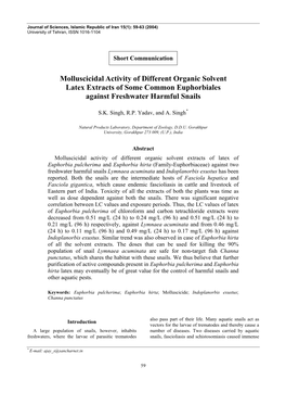 Molluscicidal Activity of Different Organic Solvent Latex Extracts of Some Common Euphorbiales Against Freshwater Harmful Snails