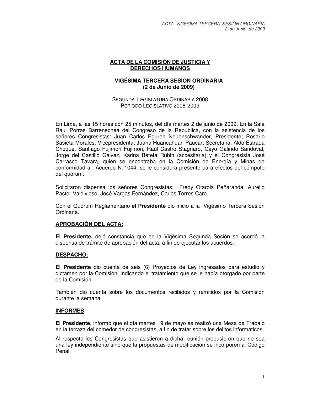 Acta De La Comisión De Justicia Y Derechos Humanos