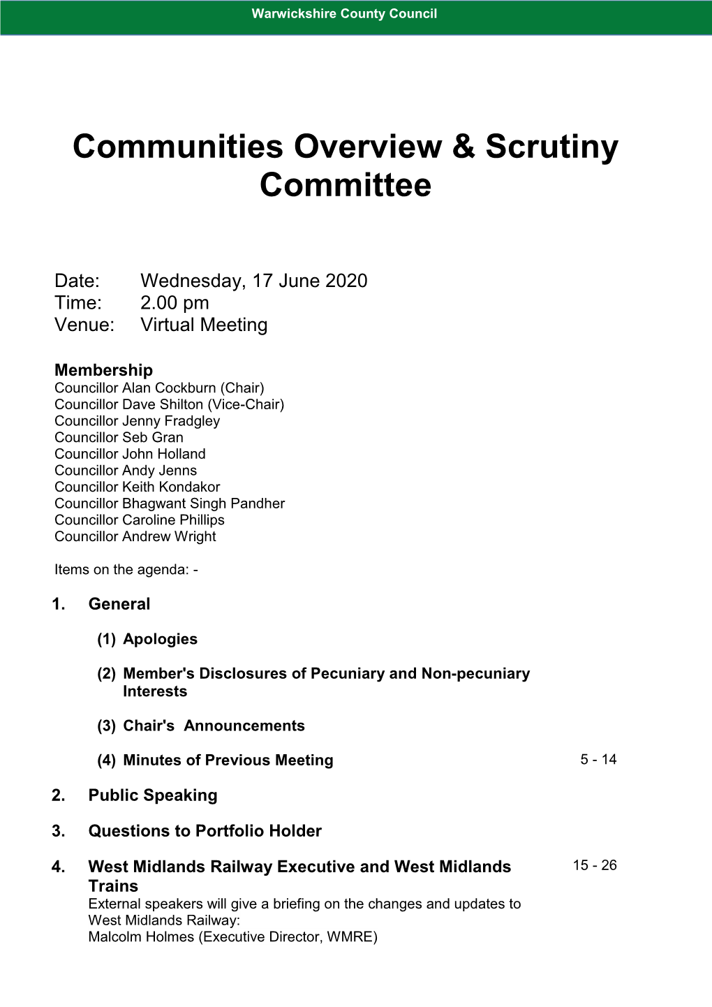 (Public Pack)Agenda Document for Communities Overview & Scrutiny Committee, 17/06/2020 14:00