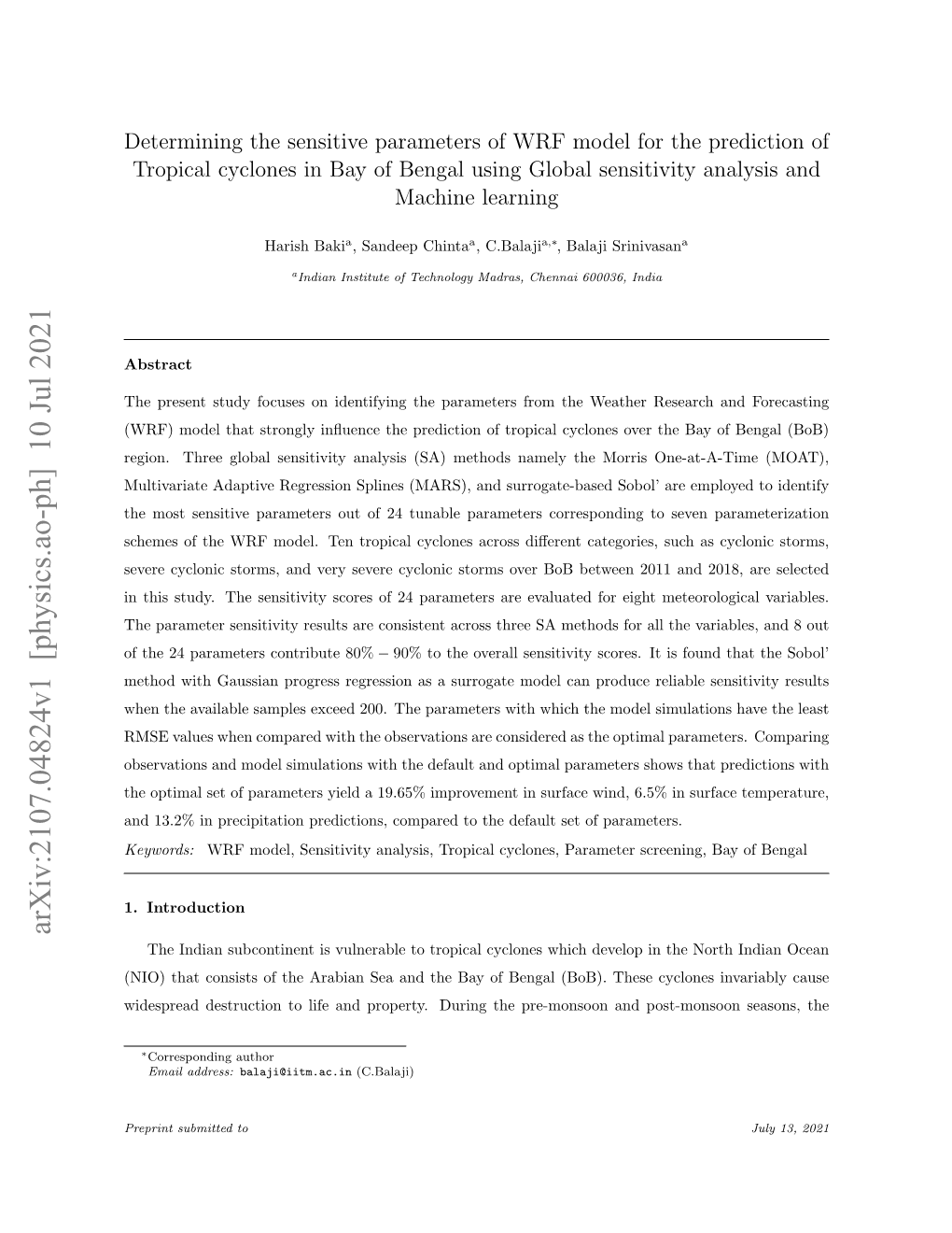 Determining the Sensitive Parameters of WRF Model for the Prediction of Tropical Cyclones in Bay of Bengal Using Global Sensitivity Analysis and Machine Learning