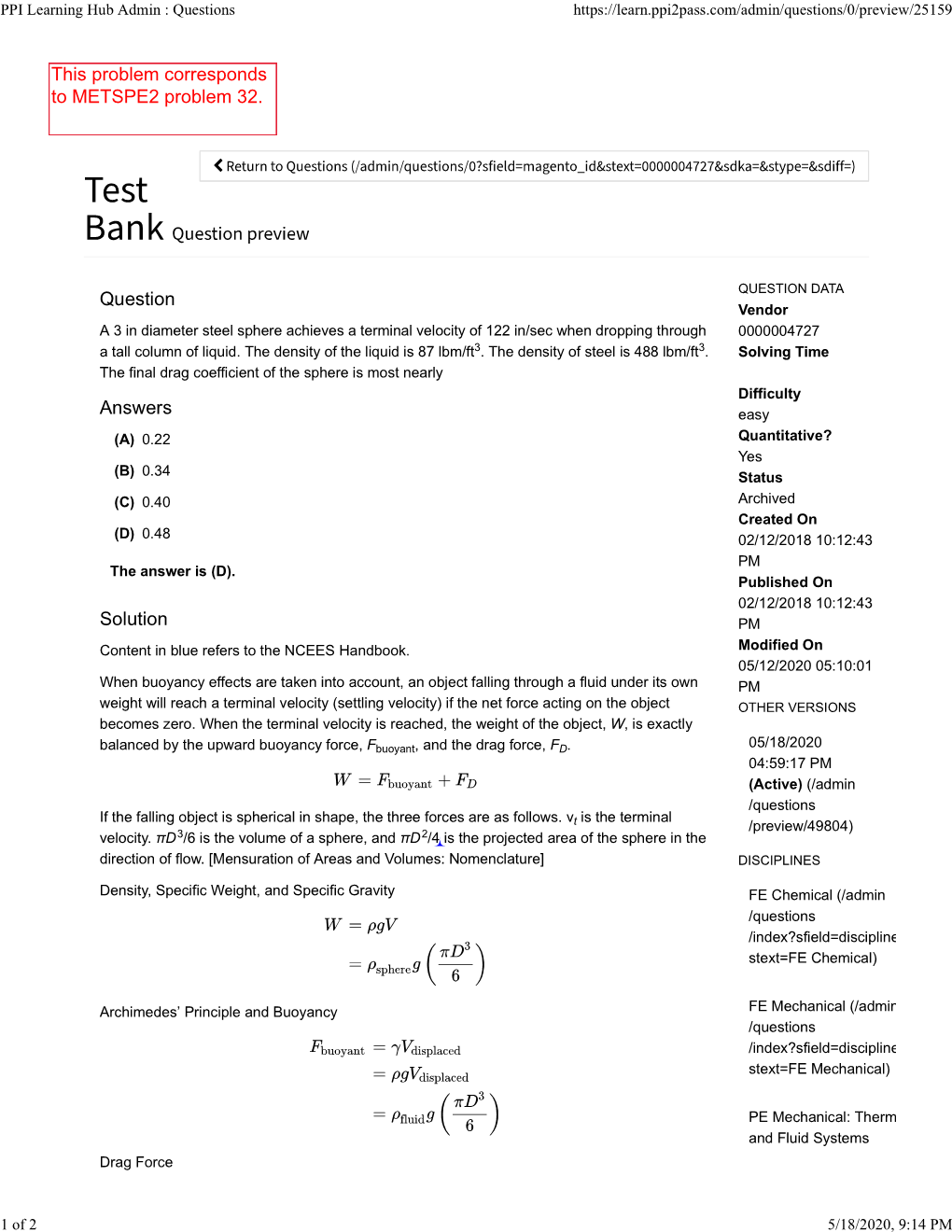 Question Answers Solution This Problem Corresponds to METSPE2 Problem