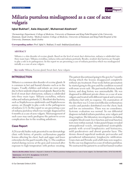 Miliaria Pustulosa Misdiagnosed As a Case of Acne Vulgaris Iqbal Bukhari1, Aala Alayoubi1, Muhannad Alzahrani2