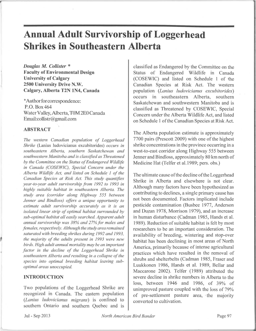 Annual Adult Survivorship of Loggerhead Shrikes in Southeastern Alberta