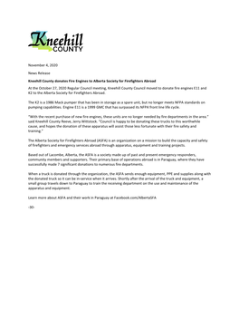 November 4, 2020 News Release Kneehill County Donates Fire Engines to Alberta Society for Firefighters Abroad at the October 27