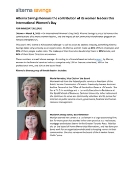 Alterna Savings Honours the Contribution of Its Women Leaders This International Women’S Day