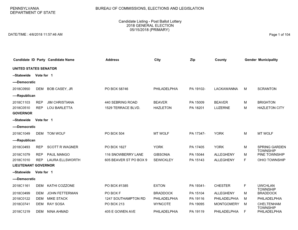 Candidate Listing - Post Ballot Lottery 2018 GENERAL ELECTION 05/15/2018 (PRIMARY) DATE/TIME : 4/6/2018 11:57:46 AM Page 1 of 104