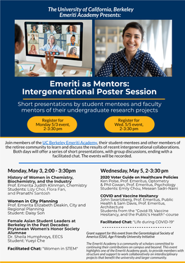 Emeriti As Mentors: Intergenerational Poster Session Short Presentations by Student Mentees and Faculty Mentors of Their Undergraduate Research Projects