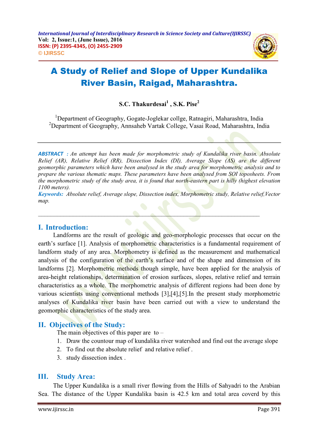 A Study of Relief and Slope of Upper Kundalika River Basin, Raigad, Maharashtra